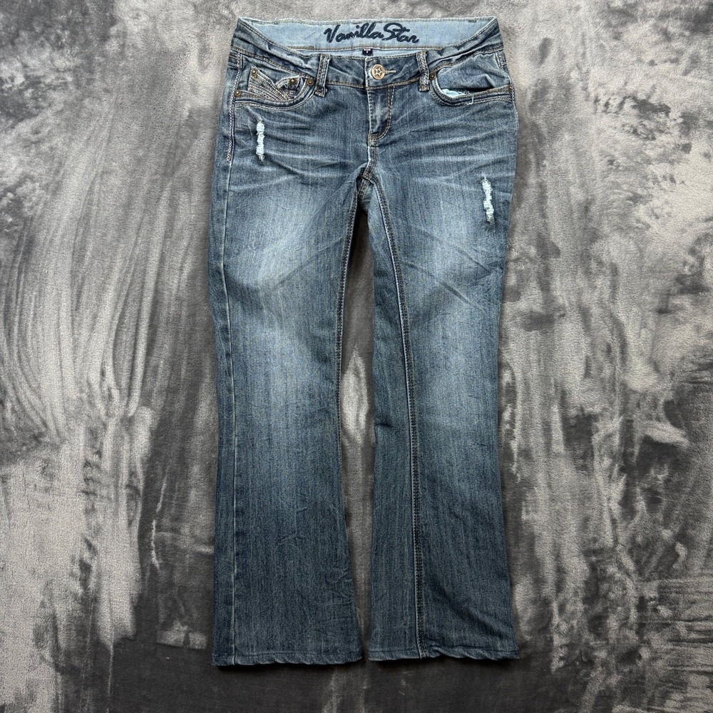 Vanilla Star Bootcut Jeans Juniors Size 9 Blue Distressed Low Rise Y2K Denim